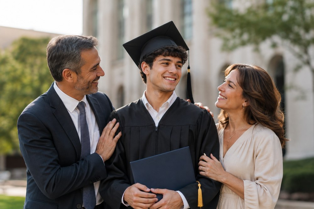 A proud family celebrating a graduate's achievement.