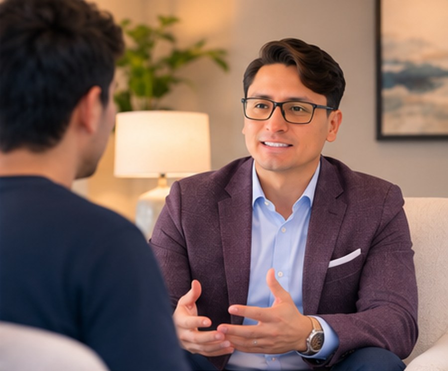 A psychiatric provider talking with a patient during a consultation.