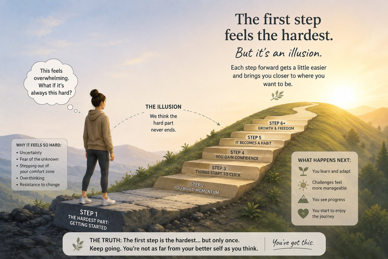 Illustration: the first step feels the hardest, but each step forward gets a little easier.