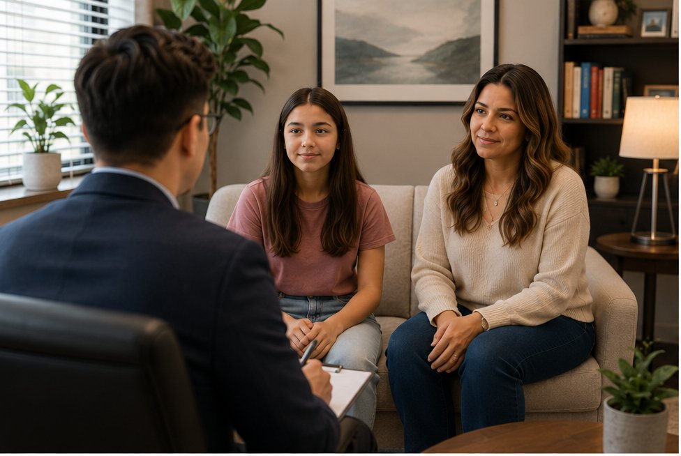 A psychiatric provider meeting with a mother and daughter during a consultation.