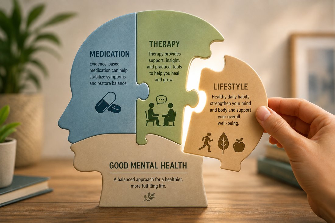Medication, therapy, and lifestyle habits fit together to support good mental health.